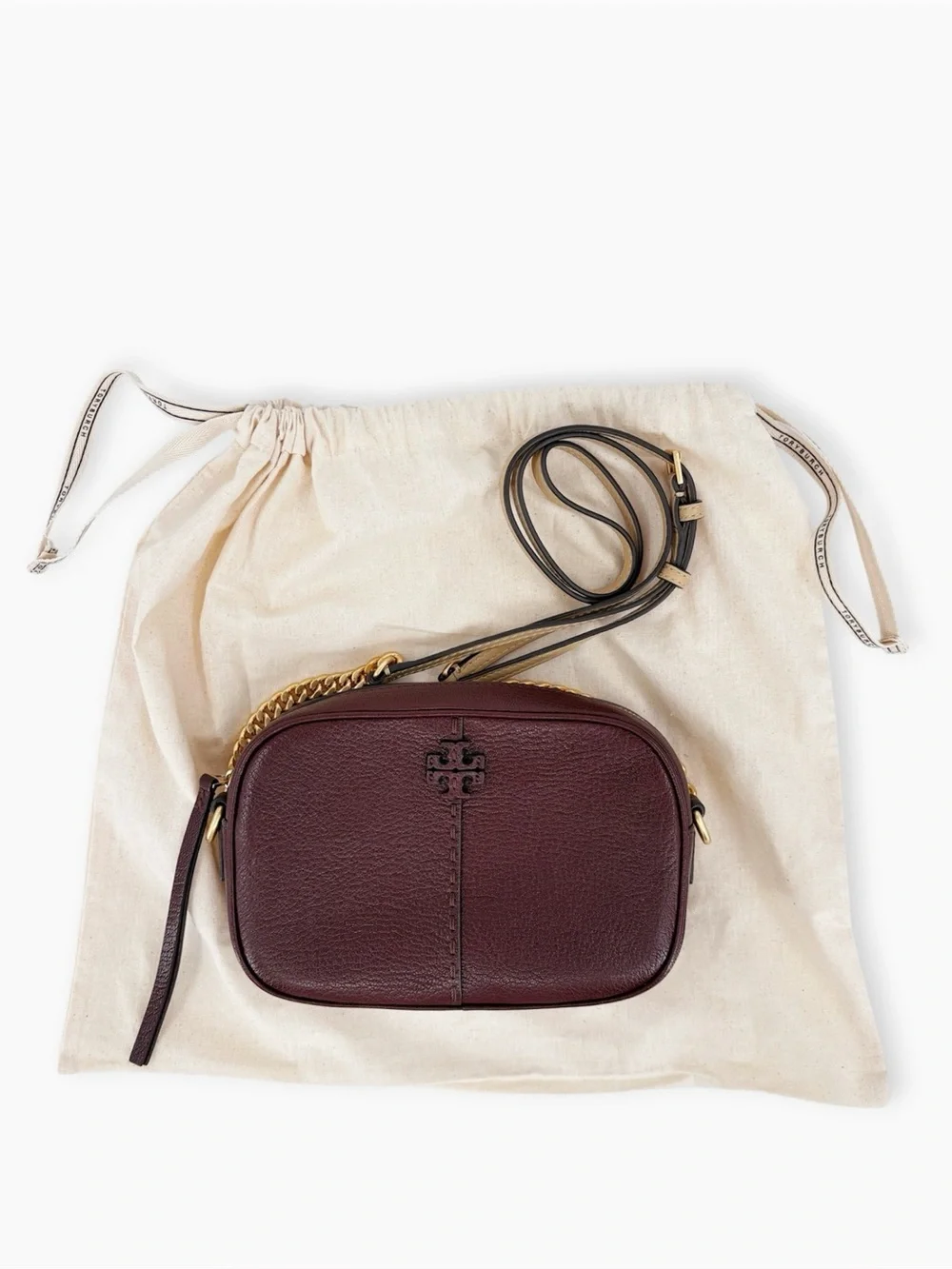 TORY BURCH McGraw Textured Leather Camera Bag in Wine Brown